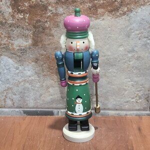 Wooden Nutcracker Figurine Snowman Holds Staff Scepter 10 In Tall
